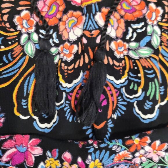 BILA Boho Ruffle Sleeve Peasant Top Size XL Black Floral Paisley Colorful Tassel - Picture 5 of 6